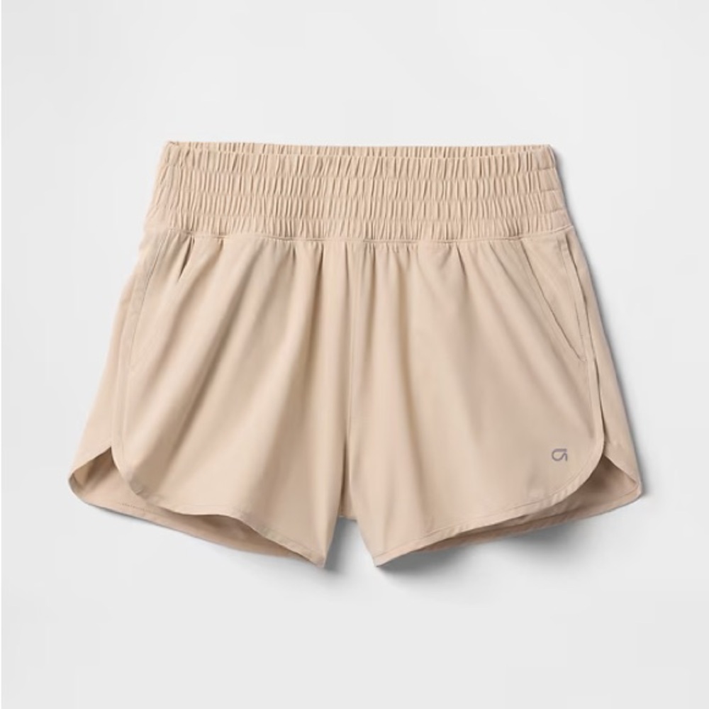 GapFit Women’s High-Waist Smocked Waistband Running Shorts — Beige